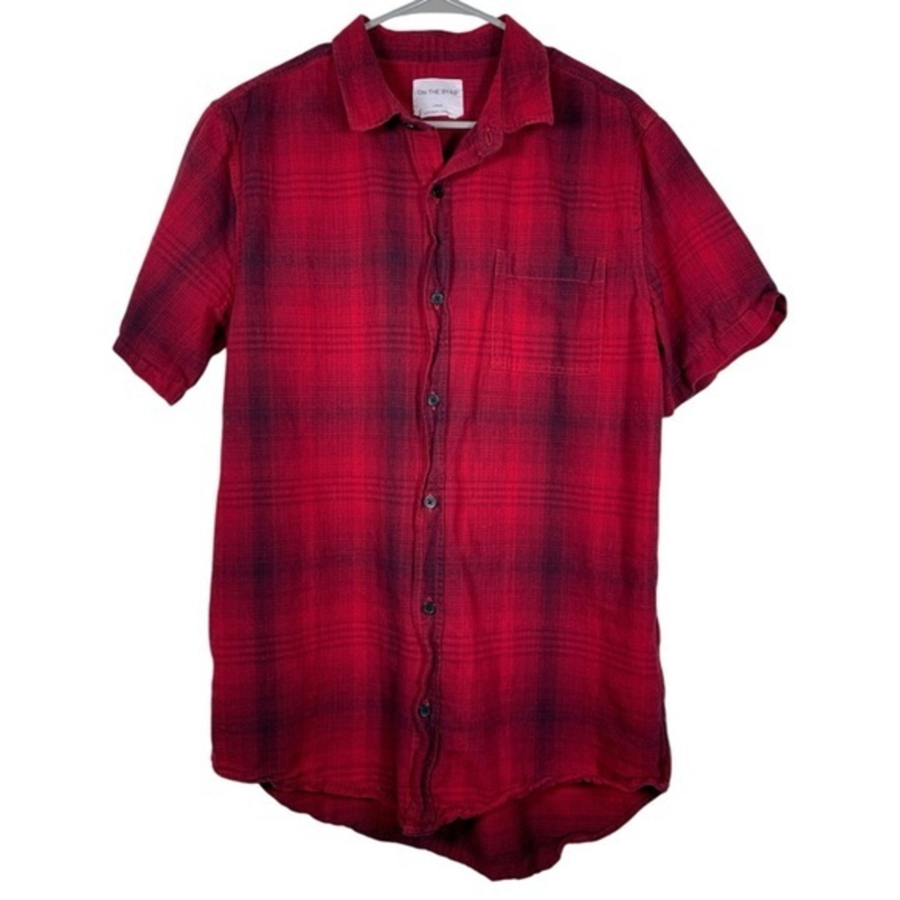 On The Byas Red Black Plaid S/S Button Down Shirt Size Large EUC #VEG-0224